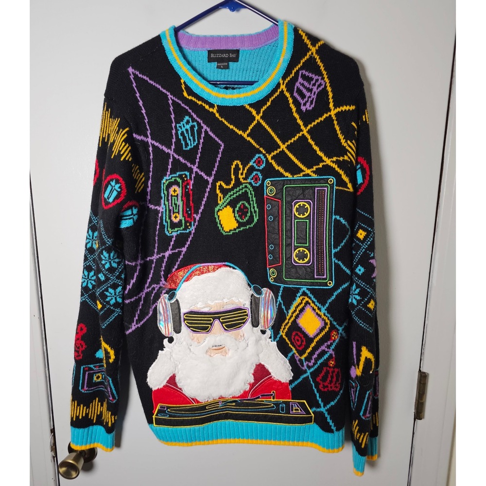 Blizzard Bay DJ Santa Ugly Christmas Sweater Retro 80s Neon Black Mens Sz L